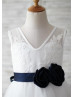 Ivory Lace Tulle V Neck Navy Blue Flower Sash Knee Length Flower Girl Dress 